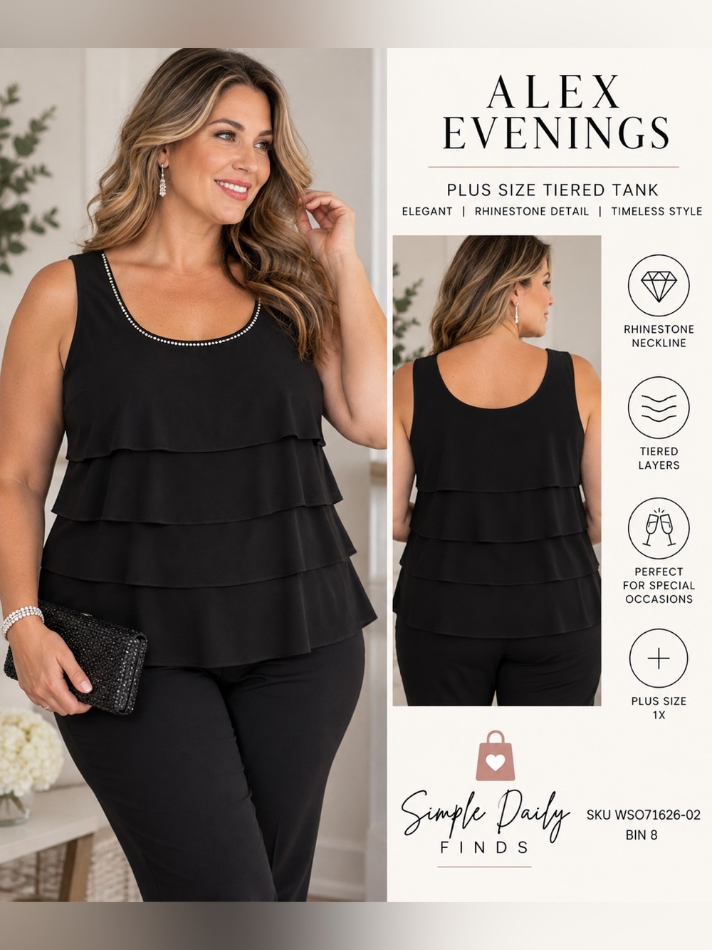 Alex Evenings 1X Black Tiered Rhinestone Top Plus Size Formal Evening